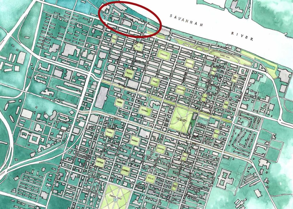 Watercolor map of Savannah's Historic District with a red circle highlighting the location of the Plant Riverside District where the Savannah Christmas Market is held