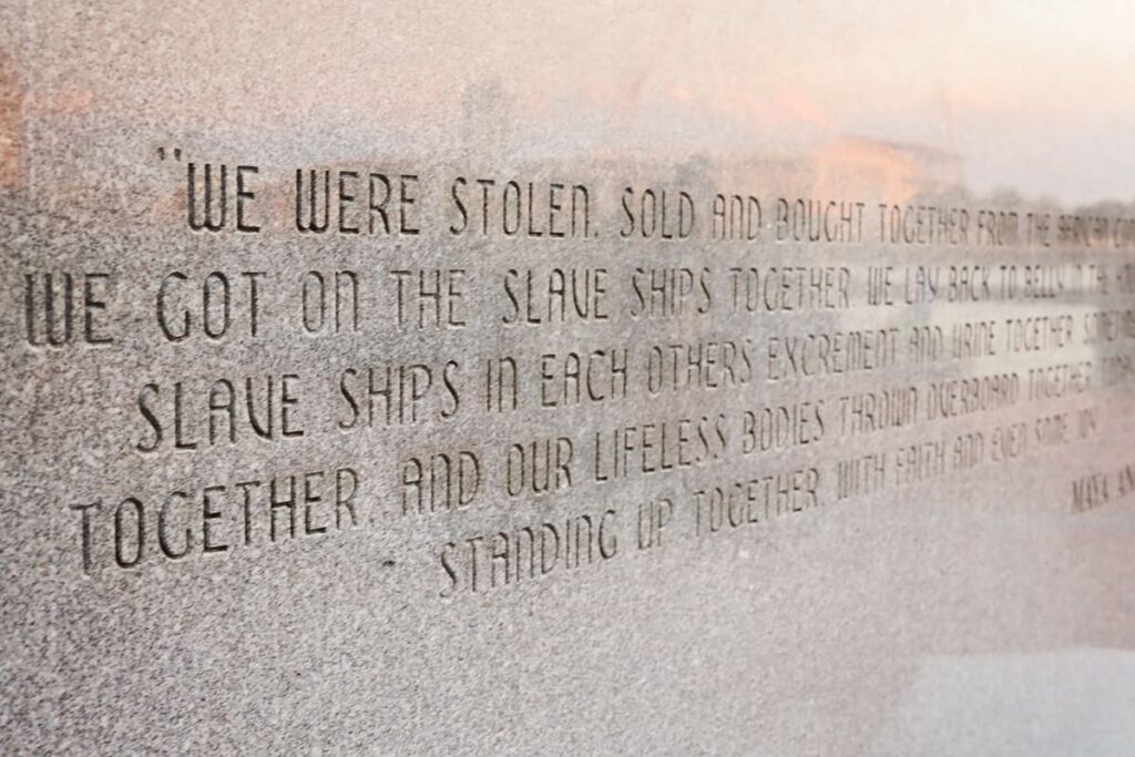 Close-up of a Maya Angelou quote etched in stone on the African American Monument in Savannah