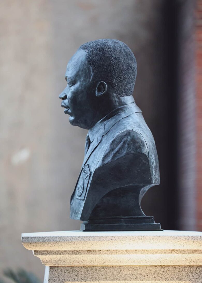 Profile of the Martin Luther King, Jr. bust on a pedestal in Savannah, Georgia