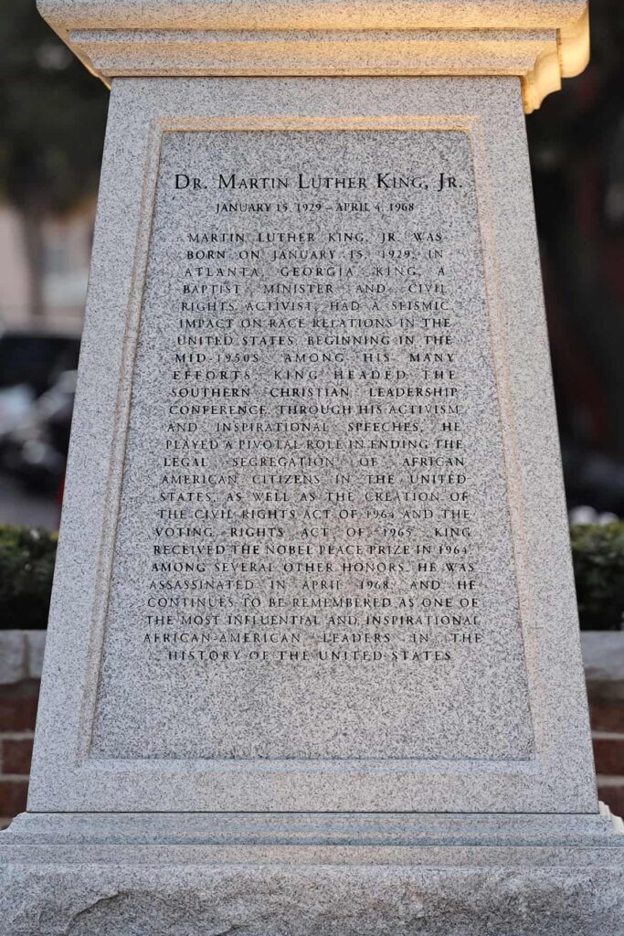 Pedestal of the Martin Luther King, Jr. statue in Savannah with a summary of his accomplishments etched in stone