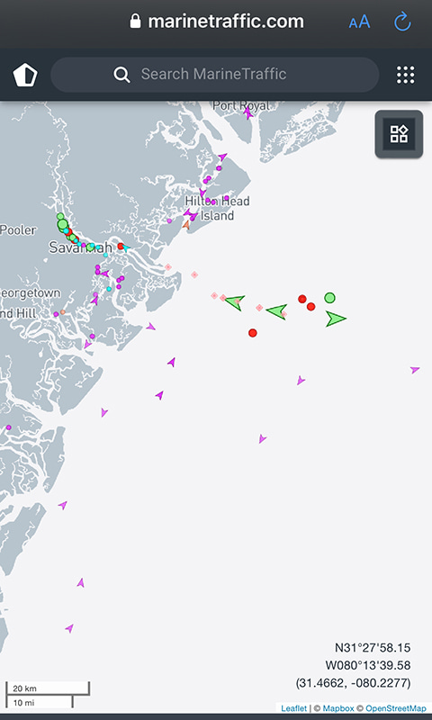 Screenshot of the Marine Traffic app showing the port of Savannah with Hilton Head also visible. Green triangles indicate large cargo ships, purple triangles indicate smaller vessels, and blue and red dots can also be seen on the map
