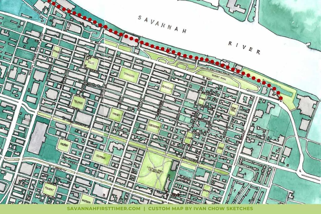 Pale green and blue watercolor map with a red dotted line indicating where River Street begins and ends (at the intersection of E Bay Street) in Savannah