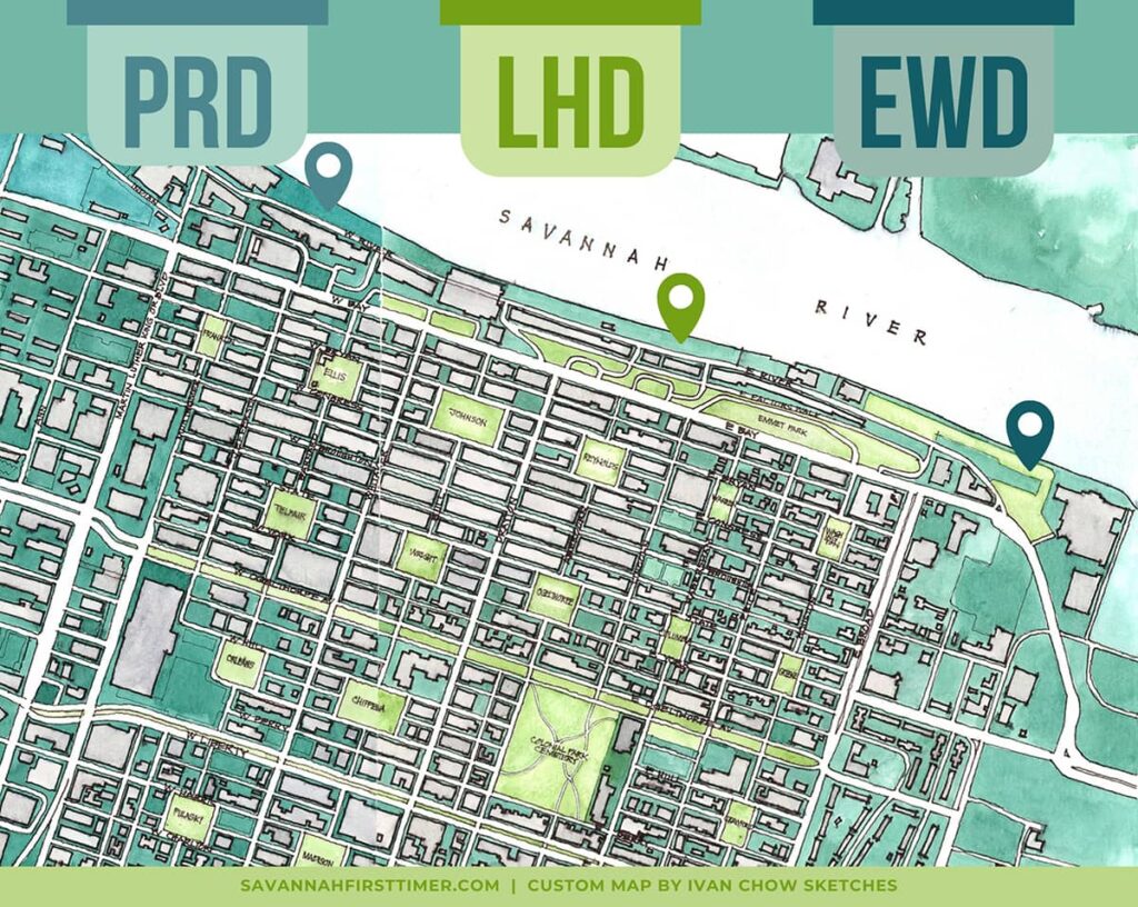 Watercolor map showing three sections of the Savannah waterfront. The Plant Riverside District is indicated by a pale blue marker along the far west side of the river, the Landmark Historic District is indicated with a green marker along the central portion of the waterfront, and the Eastern Wharf District is noted with a dark blue marker on the far east side of the waterfront