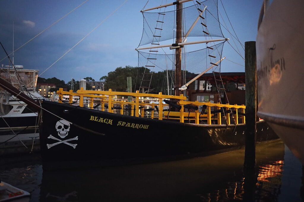Black ship with a white skull and crossbones and the name "Black Sparrow" written on the hull in yellow
