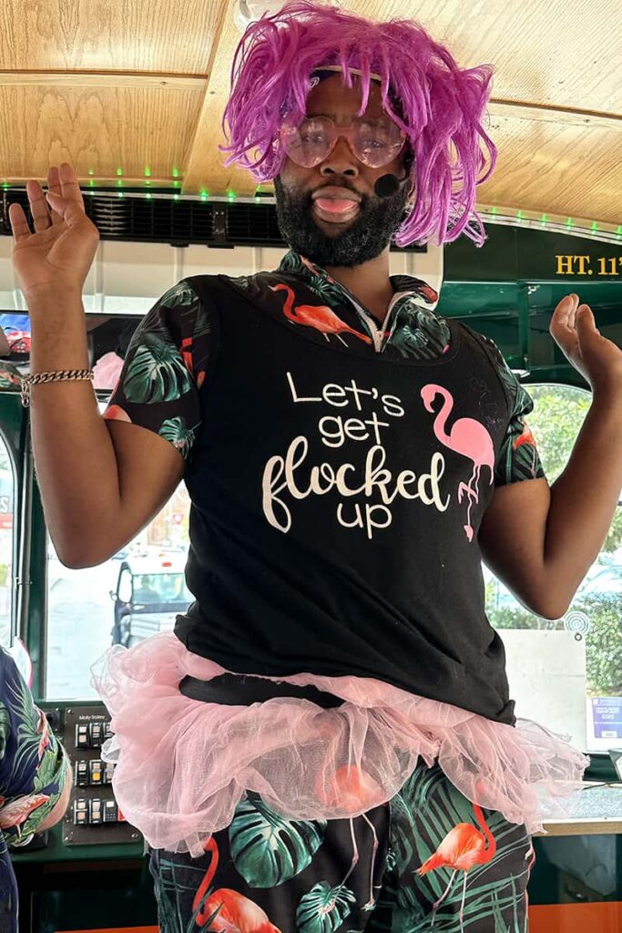 Male wearing a pink wig and pink tutu over a romper with flamingos and a t-shirt that reads "let's get flocked up"